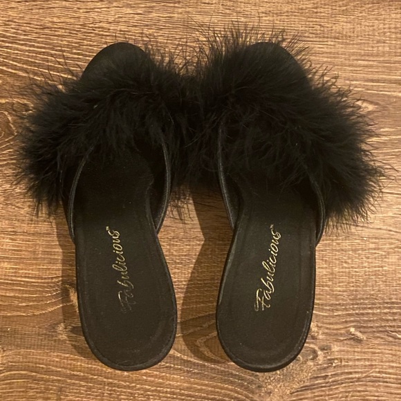 Fabulous Black Marabou Heels Slides Clear Heels Slippers 6 - Picture 6 of 9